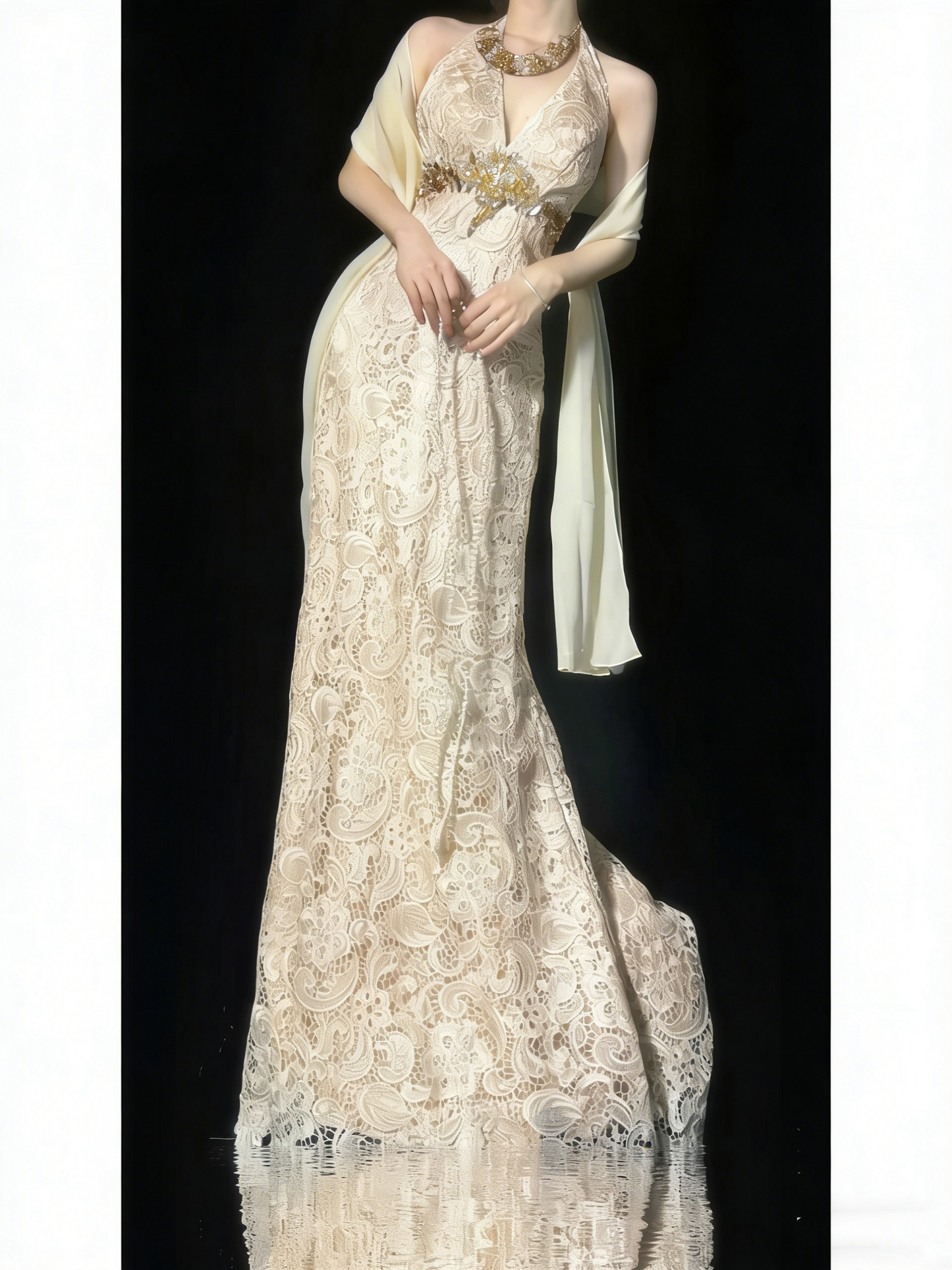 Elegantes, formelles College-Outfit in A-Linie mit V-Ausschnitt aus Champagnerspitze, langes Ballkleid für Teenager N1187