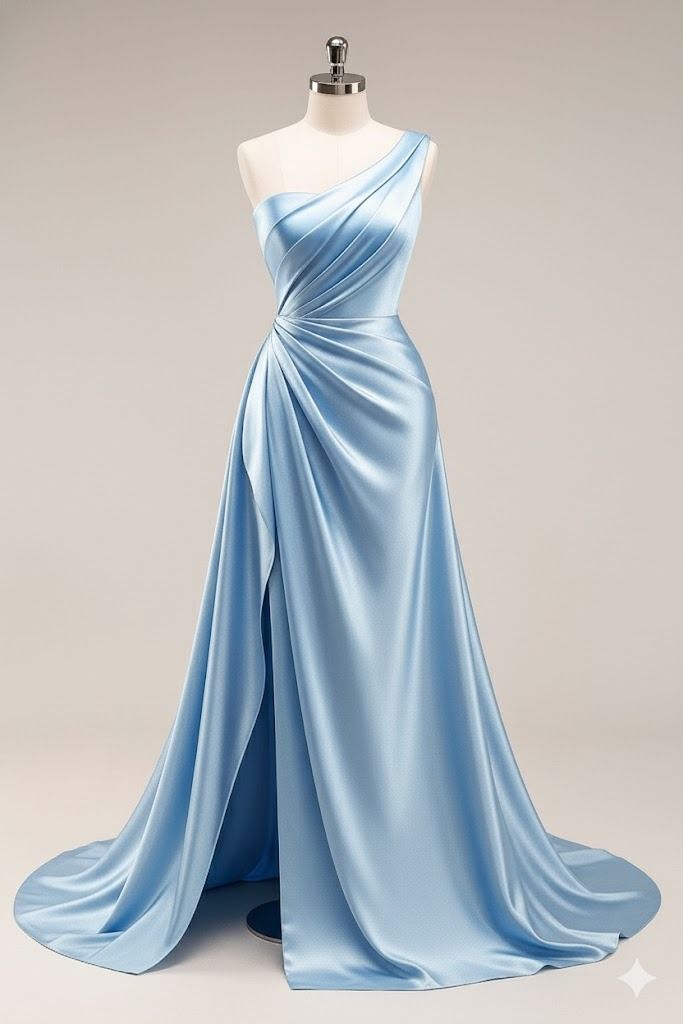 Robe de soirée élégante en satin bleu, coupe trapèze, asymétrique à une épaule, fendue, idéale pour un bal de promo ou un 18e anniversaire (AB1249).