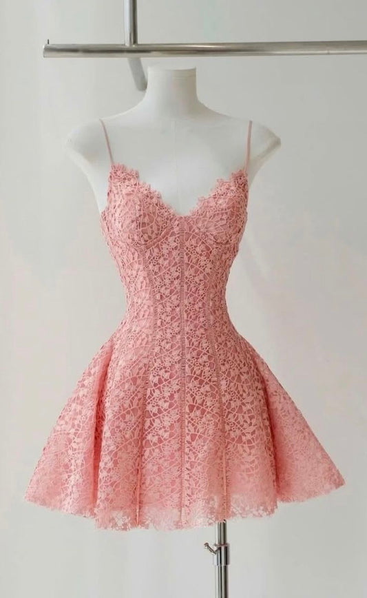 Modest Hoco Dress Homecoming Dresses Ball Gown Spaghetti Strap Pink Lace 16th Birthday Party Outfits RB6406