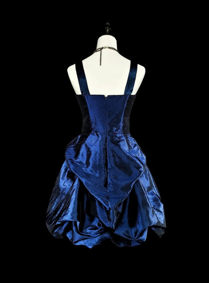 Robe de bal vintage à fines bretelles bleu marine courte, inspiration années 2000, robes de bal de promo, inspiration robes de soirée N1614