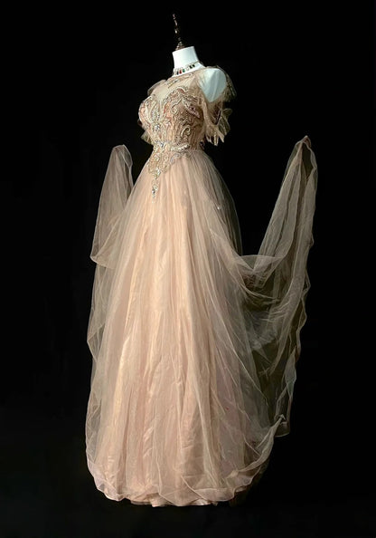 Elegantes, formelles College-Kleid in A-Linie aus champagnerfarbenem Tüll mit perlenbesetztem Oberteil – langes Ballkleid für Teenager (N1301)