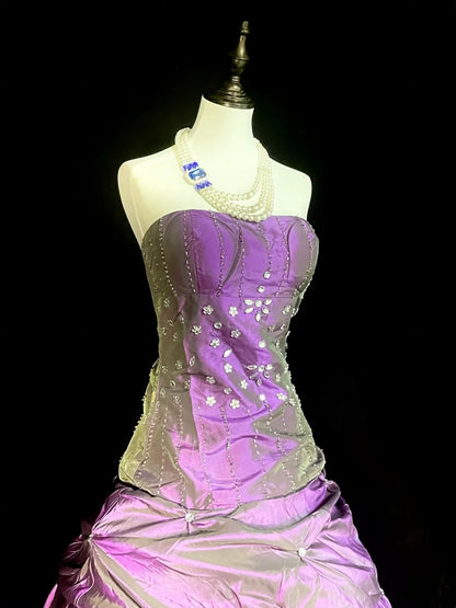 Robe de bal modeste sans bretelles en taffetas violet, style années 80, robe de soirée longue, inspiration robes de bal vintage N1303