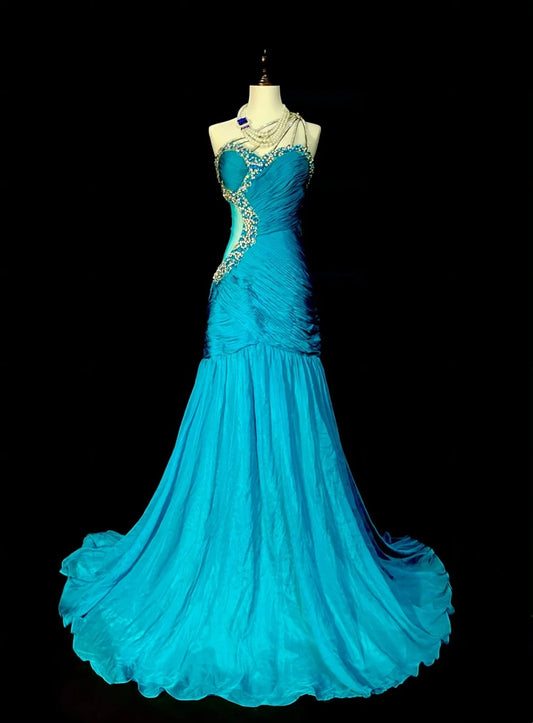 Vintage Mermaid One Shoulder Blue With Beaded 90s 2000s Senior Prom Dresses High School Long Formal Dress N1300