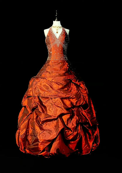 Robe de bal princesse dos nu en taffetas froncé orange, tenue de soirée pour l'université, robe de fin d'année pour adolescentes N1366