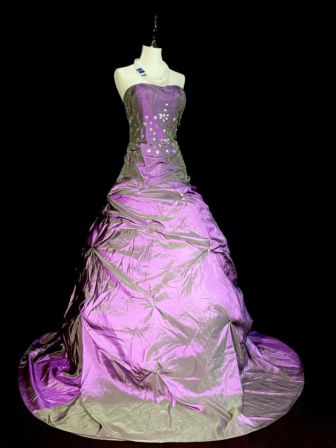 Robe de bal modeste sans bretelles en taffetas violet, style années 80, robe de soirée longue, inspiration robes de bal vintage N1303
