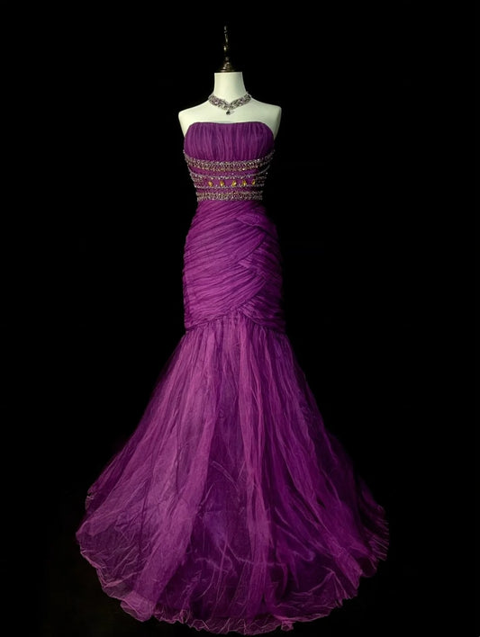 Vintage Mermaid Strapless Purple Tulle With Beaded 90s 2000s Senior Prom Dresses High School Long Formal Dress N1302