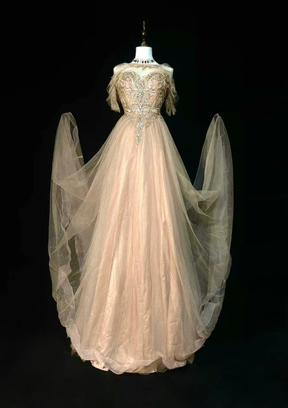 Elegantes, formelles College-Kleid in A-Linie aus champagnerfarbenem Tüll mit perlenbesetztem Oberteil – langes Ballkleid für Teenager (N1301)