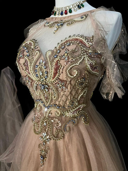 Elegantes, formelles College-Kleid in A-Linie aus champagnerfarbenem Tüll mit perlenbesetztem Oberteil – langes Ballkleid für Teenager (N1301)