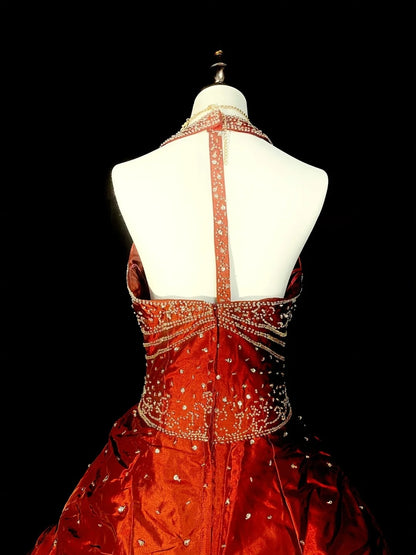 Robe de bal princesse dos nu en taffetas froncé orange, tenue de soirée pour l'université, robe de fin d'année pour adolescentes N1366