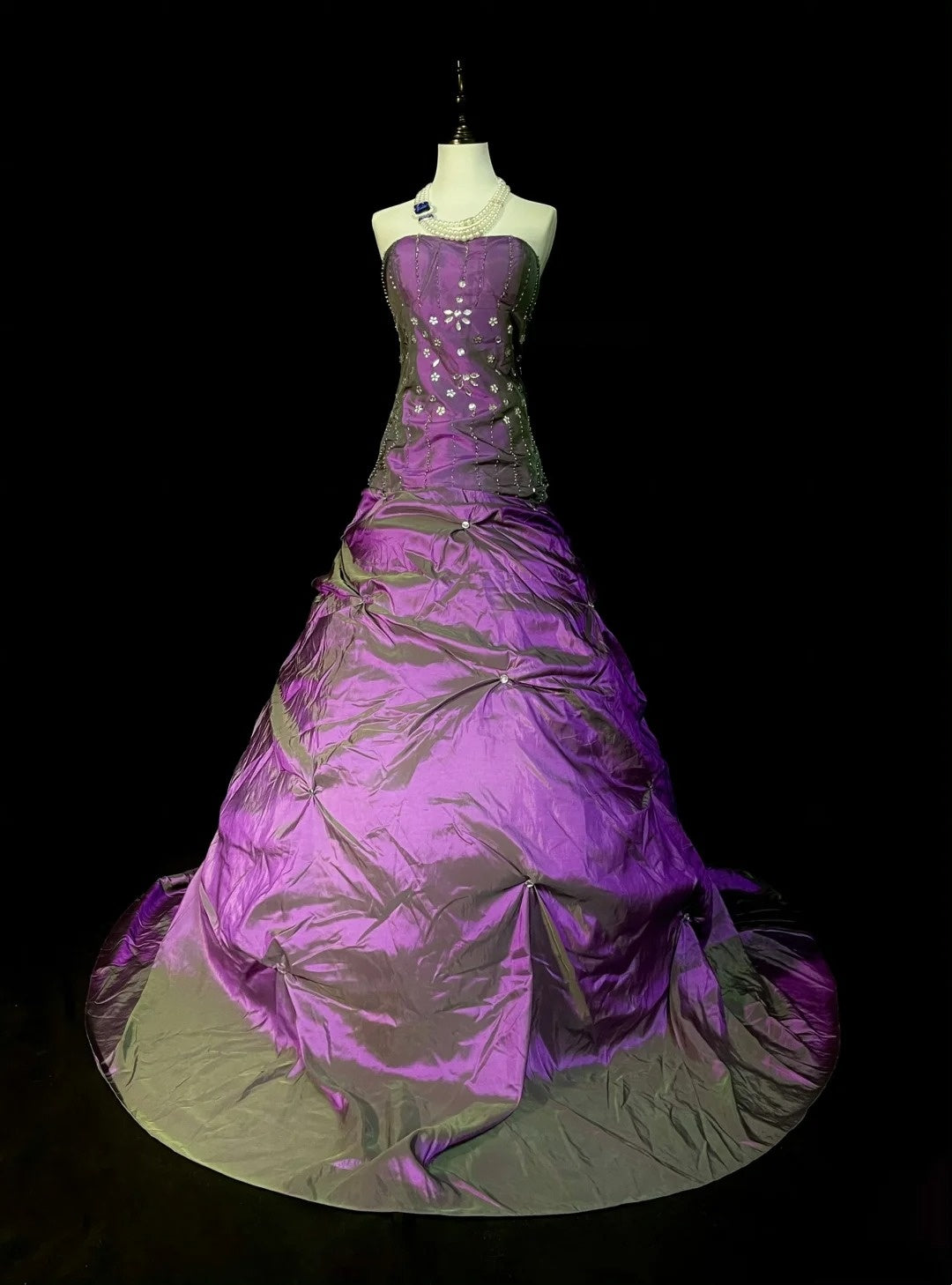 Robe de bal modeste sans bretelles en taffetas violet, style années 80, robe de soirée longue, inspiration robes de bal vintage N1303