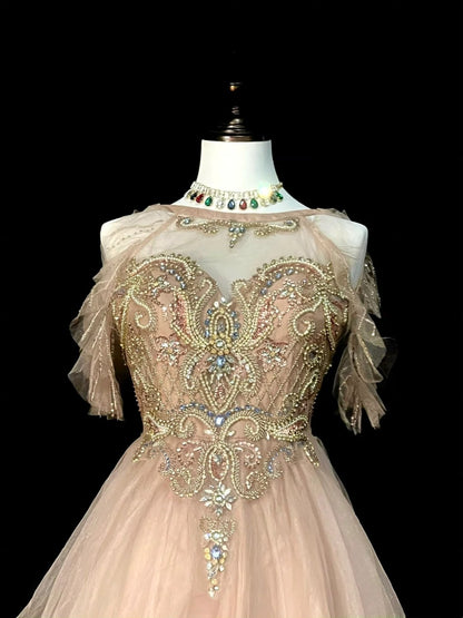 Elegantes, formelles College-Kleid in A-Linie aus champagnerfarbenem Tüll mit perlenbesetztem Oberteil – langes Ballkleid für Teenager (N1301)