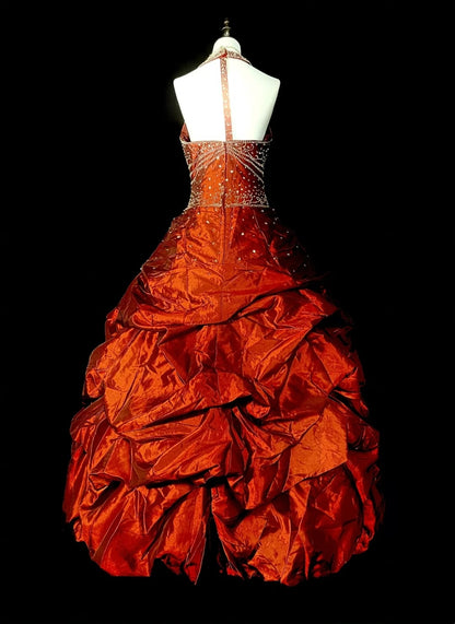 Robe de bal princesse dos nu en taffetas froncé orange, tenue de soirée pour l'université, robe de fin d'année pour adolescentes N1366