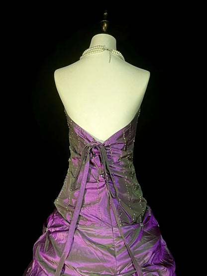 Robe de bal modeste sans bretelles en taffetas violet, style années 80, robe de soirée longue, inspiration robes de bal vintage N1303