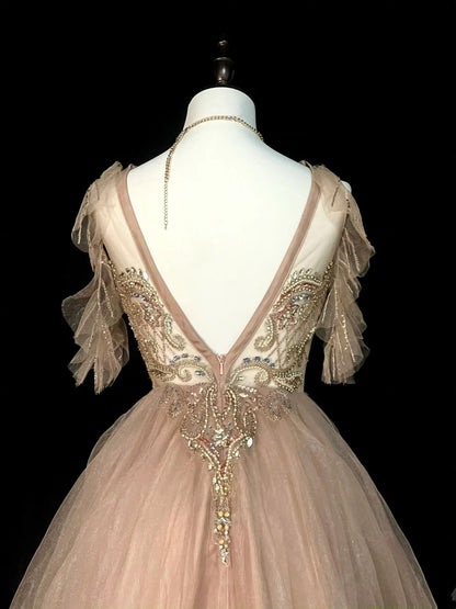 Elegantes, formelles College-Kleid in A-Linie aus champagnerfarbenem Tüll mit perlenbesetztem Oberteil – langes Ballkleid für Teenager (N1301)