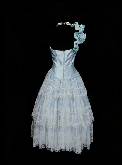Robe de bal unique asymétrique en tulle bleu ciel clair, inspirée des robes de bal des années 2000, N1441