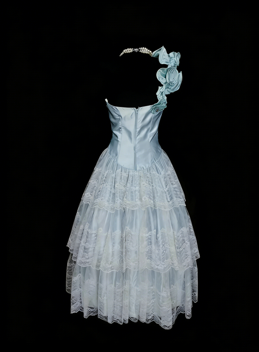 Robe de bal unique asymétrique en tulle bleu ciel clair, inspirée des robes de bal des années 2000, N1441