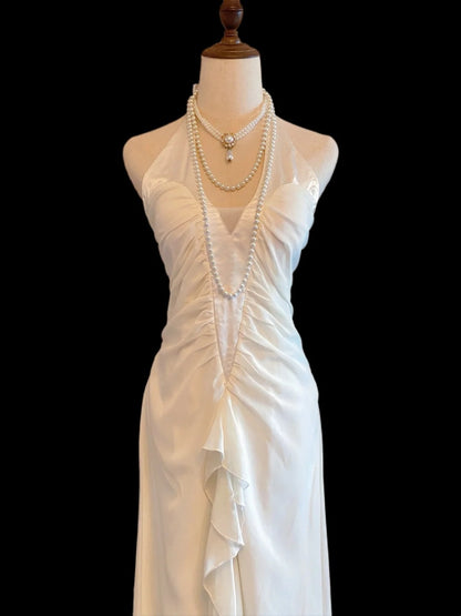 Unique A line Halter White Chiffon Long Prom Dresses Inspo Evening Outfits RB4022