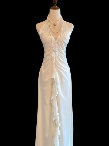 Unique A line Halter White Chiffon Long Prom Dresses Inspo Evening Outfits RB4022