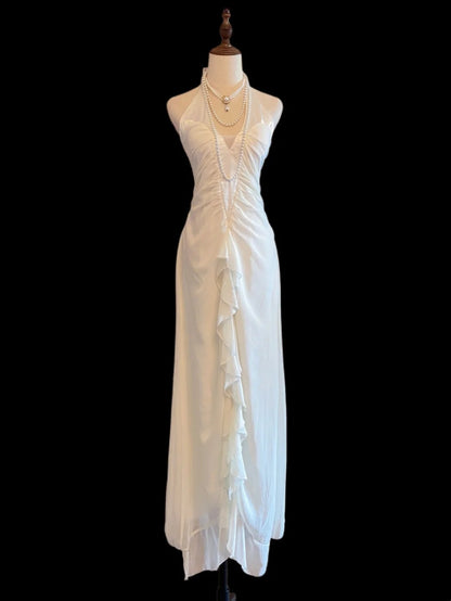 Unique A line Halter White Chiffon Long Prom Dresses Inspo Evening Outfits RB4022