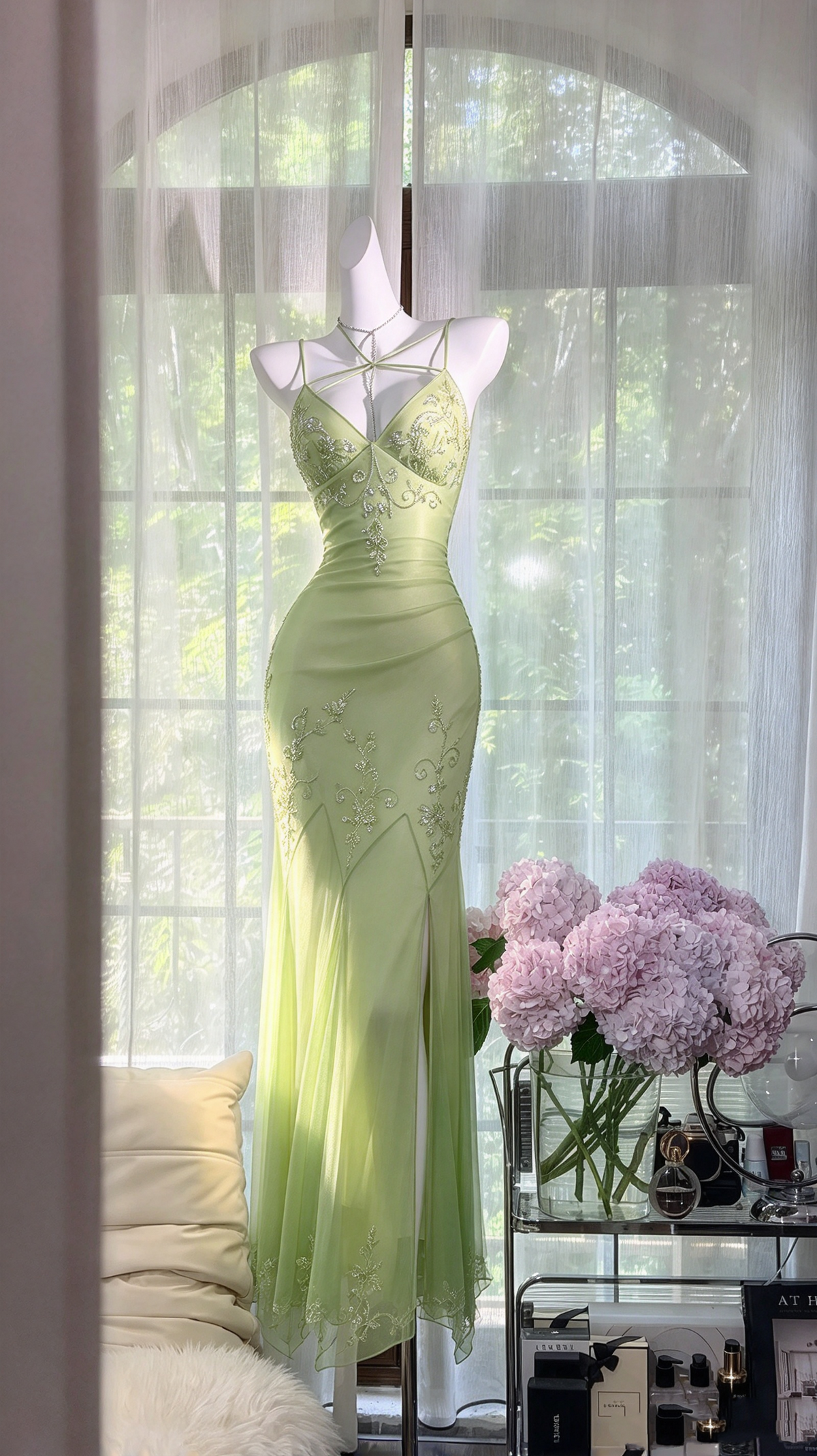 Modest Prom Dresses Mermaid Spaghetti Straps Sage Green With Beading Split Long Formal Dress RC1267