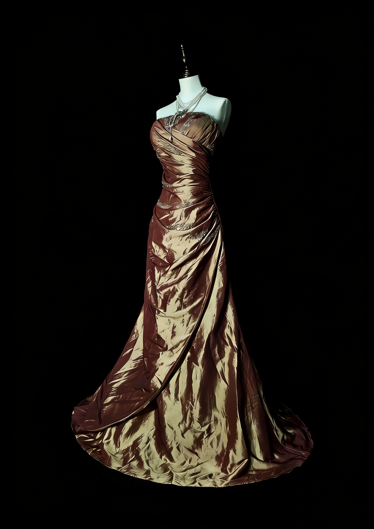 Robe de bal longue sirène vintage marron sans bretelles et perles, style années 80, référence N1490