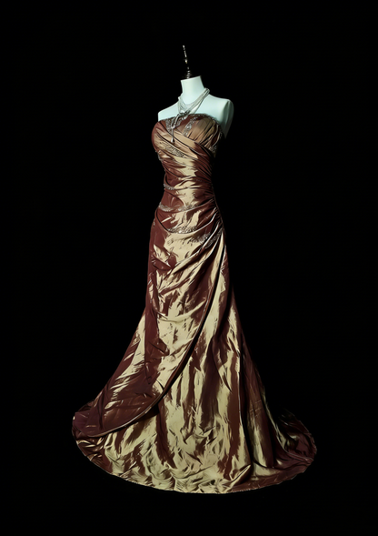 Robe de bal longue sirène vintage marron sans bretelles et perles, style années 80, référence N1490