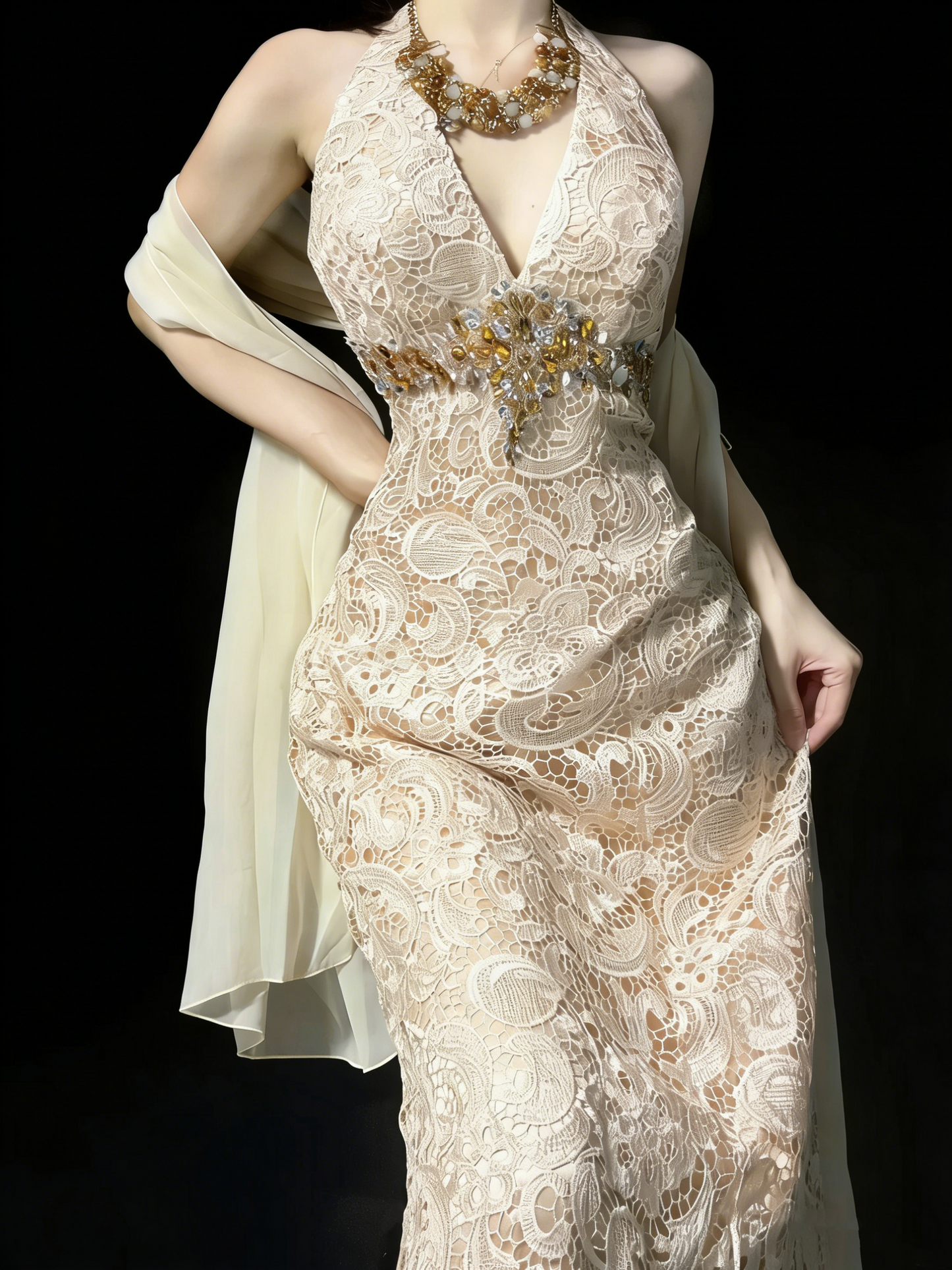 Elegantes, formelles College-Outfit in A-Linie mit V-Ausschnitt aus Champagnerspitze, langes Ballkleid für Teenager N1187