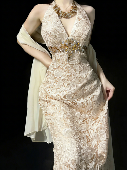 Elegantes, formelles College-Outfit in A-Linie mit V-Ausschnitt aus Champagnerspitze, langes Ballkleid für Teenager N1187