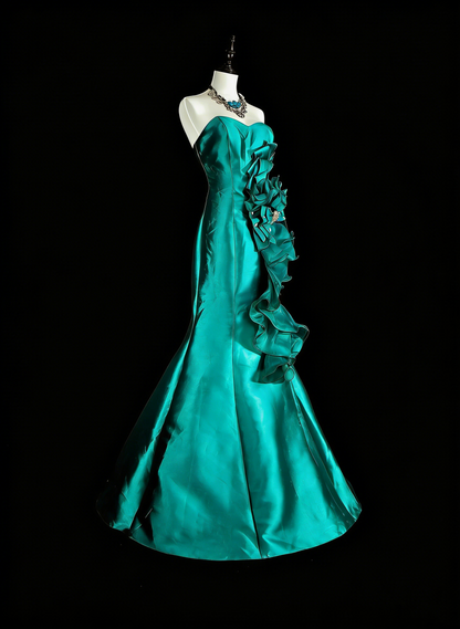 Robe de bal longue vintage sirène vert satin années 70, bustier cœur, taille 4 N1834
