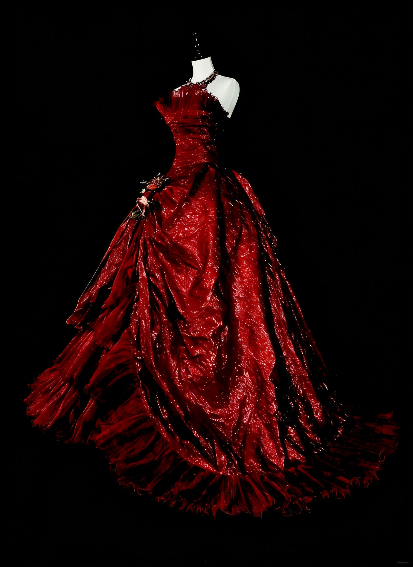 Vintage Abschlussballkleider Ballkleid Trägerlos Burgund Mit Rüschen 1980er Jahre Langes Abendkleid N2707