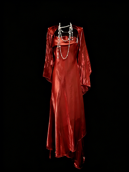 Robe de soirée vintage style années 80, 70, 90, coupe trapèze, rouge rouille, bretelles spaghetti, N1150