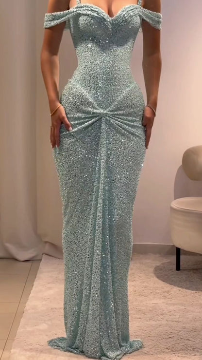 Glitzerndes Bodycon-Kleid mit blauen Trägern und Pailletten, langes Ballkleid, Meerjungfrauen-Bodycon für Damen N4114