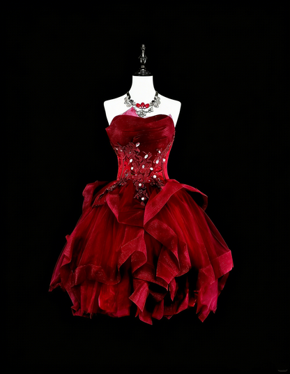 Cute Ball Gown Strapless Burgundy Tulle With Appliques Short Mini Homecoming Dresses N2387