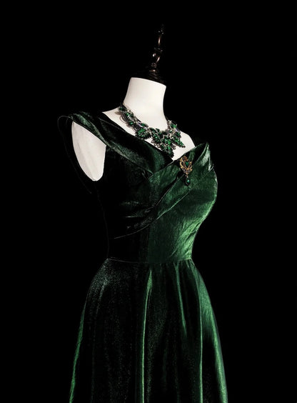 Robe de bal longue vintage en velours vert foncé à volants, coupe trapèze, décolleté cœur, idéale pour les lycéennes et les adolescentes (réf. N1672).