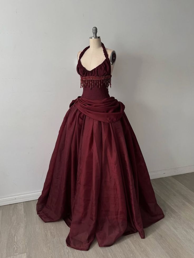 Robe de bal vintage bordeaux, dos nu, satin perlé, longue, tenue de soirée, robe de cérémonie N538