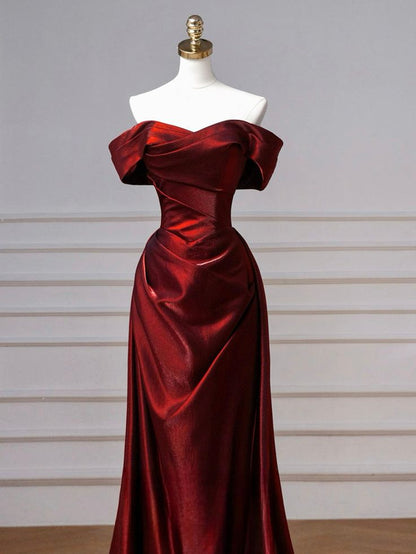 Schlichtes, schulterfreies, burgunderrotes langes Satin-Abendkleid, burgunderrotes langes Abendkleid AB1842
