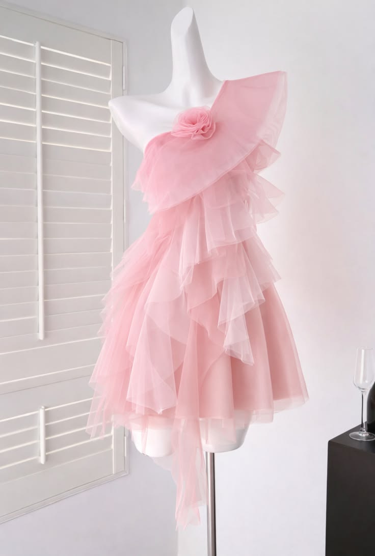 Pretty A Line One Shoulder Tulle Pink Mini Homecoming Dress Inspo Short Graduation Dresses RB6862