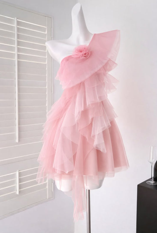 Pretty A Line One Shoulder Tulle Pink Mini Homecoming Dress Inspo Short Graduation Dresses RB6862