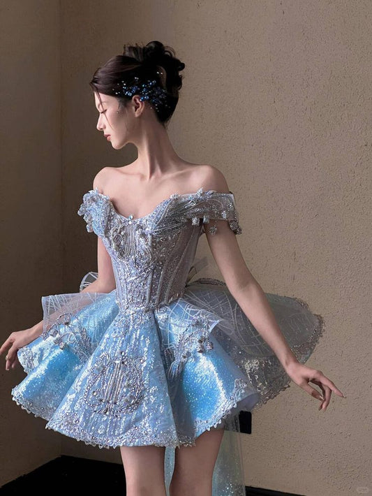 Cute Hoco Dress Homecoming Dresses Ball Gown Off The Shoulder Blue Birthday Party Gown RB6308