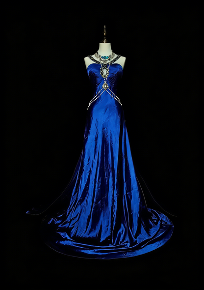 Robe de bal longue vintage années 80, coupe trapèze, dos nu, en satin bleu roi, sans manches, référence N1433