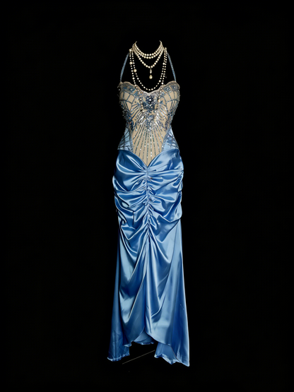 Robes de bal vintage Esthétique des années 60 Rétro Licou Sirène Perles Longue Robe de soirée N2144