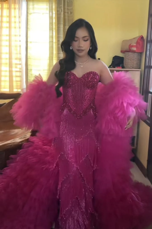 Sexy Mermaid Sweetheart Beaded Sequin Pink Long Prom Dress Inspiration Party For Teens Girls Formal Gown RB8680