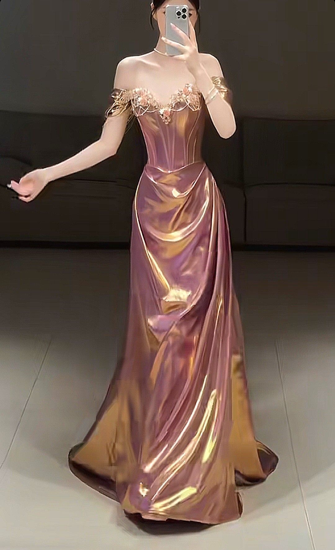 Gorgeous Evening outfit Mermaid Off The Shoulder Pink Prom Dresses Long Formal Dress RC1399