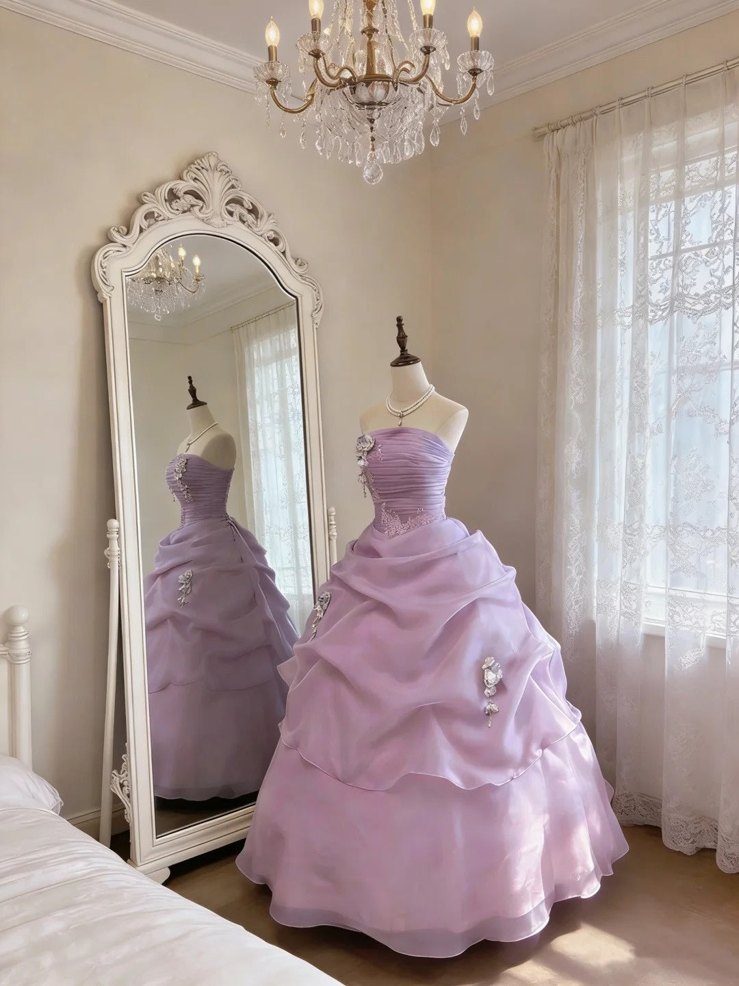 Elegantes Ballkleid trägerlos Flieder mit Rüschen Quince Kleid Voluminöses langes Sweet 16 Quinceanera Kleider Vestido de princesa RB4495