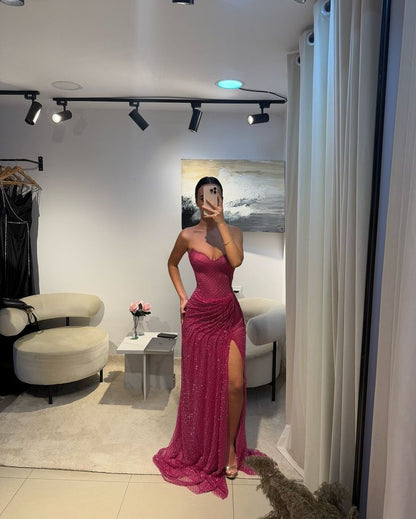 Sweetheart Sleeveless Ruch Side Slit Sheath Sparkly Prom Dresses AB926
