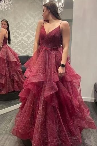 Ballkleid mit Spaghettiträgern, Rüschen, langes Abendkleid, burgunderrot, Abendkleid, Geburtstagskleid AB933