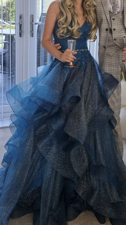 Robe de bal bleue à col en V, en tulle orné d'appliques et de sequins, longue robe de soirée à fines bretelles, robe d'anniversaire AB927