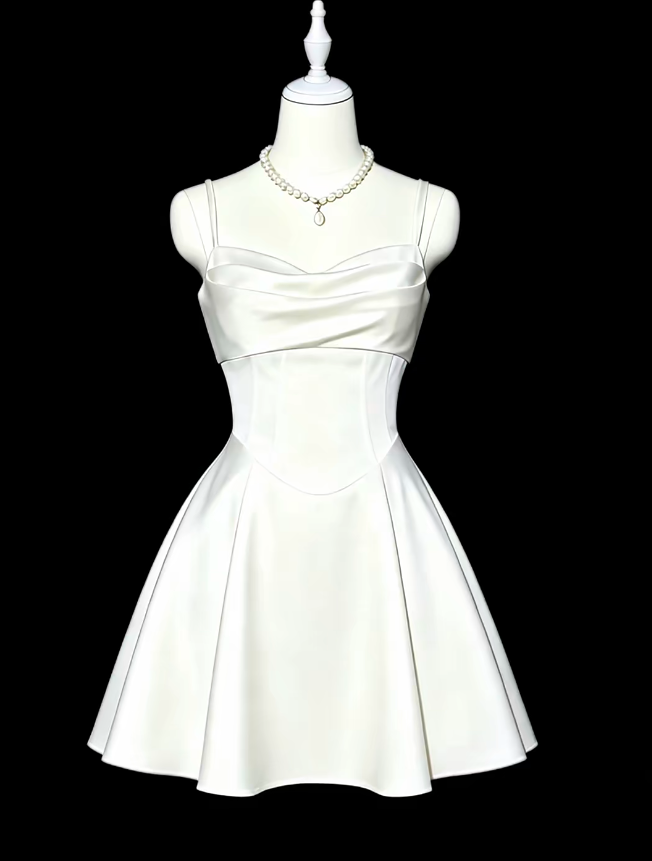 Simple A Line Spaghetti Straps White Satin Mini University Ideas Homecoming Dresses Inspo Short Hoco Court Gowns RB7193