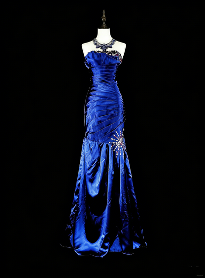 Robe de bal vintage sirène bustier bleu royal ornée de perles, inspiration classique N2005