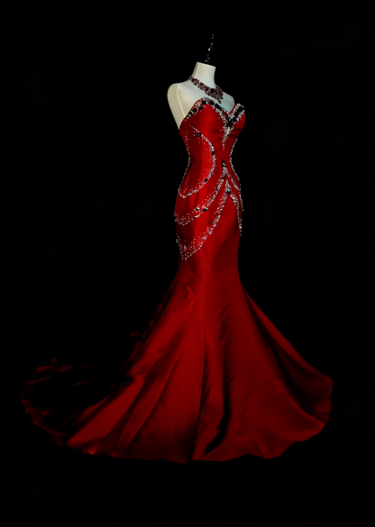 Robe de bal rétro sirène en satin rouge, décolleté cœur, ornée de perles et sans manches, style années 70, robe de soirée longue et élégante N1492